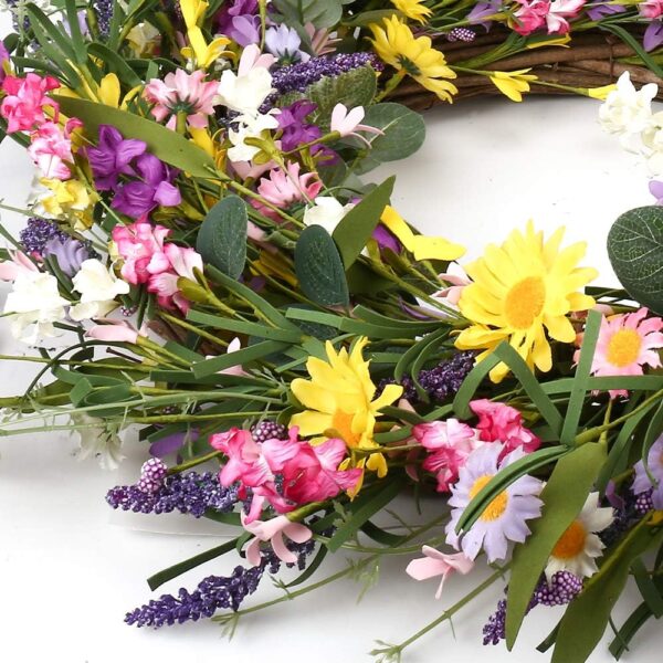 J'FLORU Spring Wreath 24 Inch Summer Wreaths for Front Door Artificial Flower Wreath with Daisy and Lavender for Indoor Outdoor and Easter Celebration