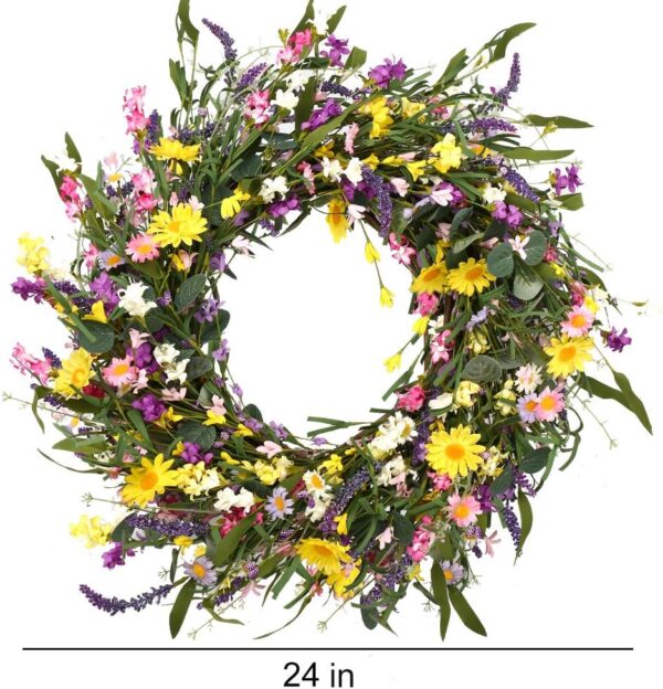 J'FLORU Spring Wreath 24 Inch Summer Wreaths for Front Door Artificial Flower Wreath with Daisy and Lavender for Indoor Outdoor and Easter Celebration