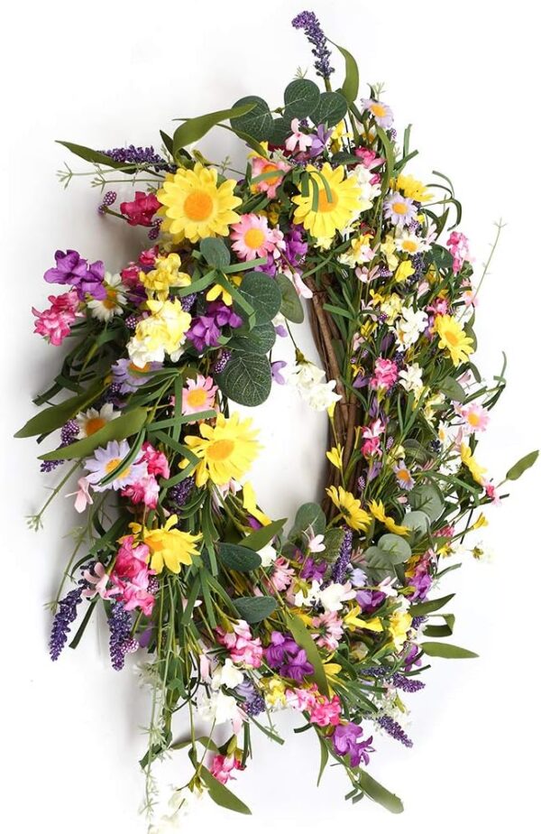 J'FLORU Spring Wreath 24 Inch Summer Wreaths for Front Door Artificial Flower Wreath with Daisy and Lavender for Indoor Outdoor and Easter Celebration