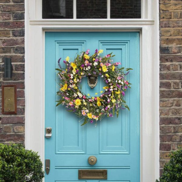 J'FLORU Spring Wreath 24 Inch Summer Wreaths for Front Door Artificial Flower Wreath with Daisy and Lavender for Indoor Outdoor and Easter Celebration