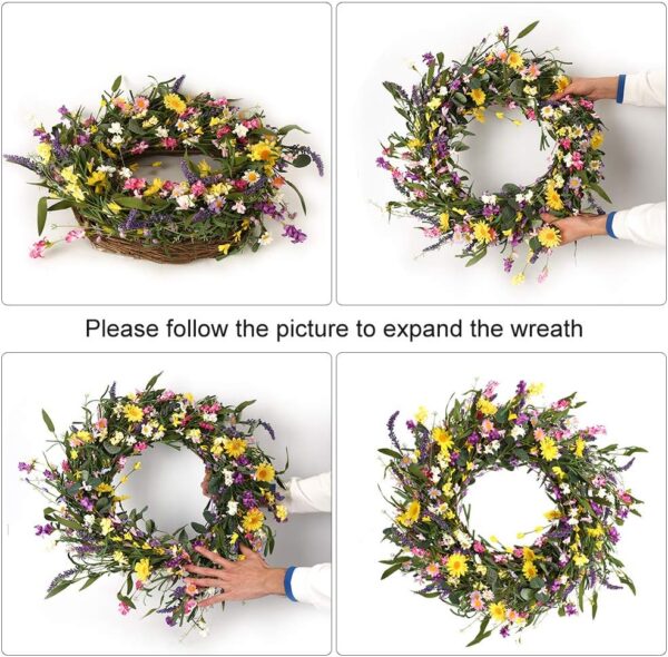 J'FLORU Spring Wreath 24 Inch Summer Wreaths for Front Door Artificial Flower Wreath with Daisy and Lavender for Indoor Outdoor and Easter Celebration