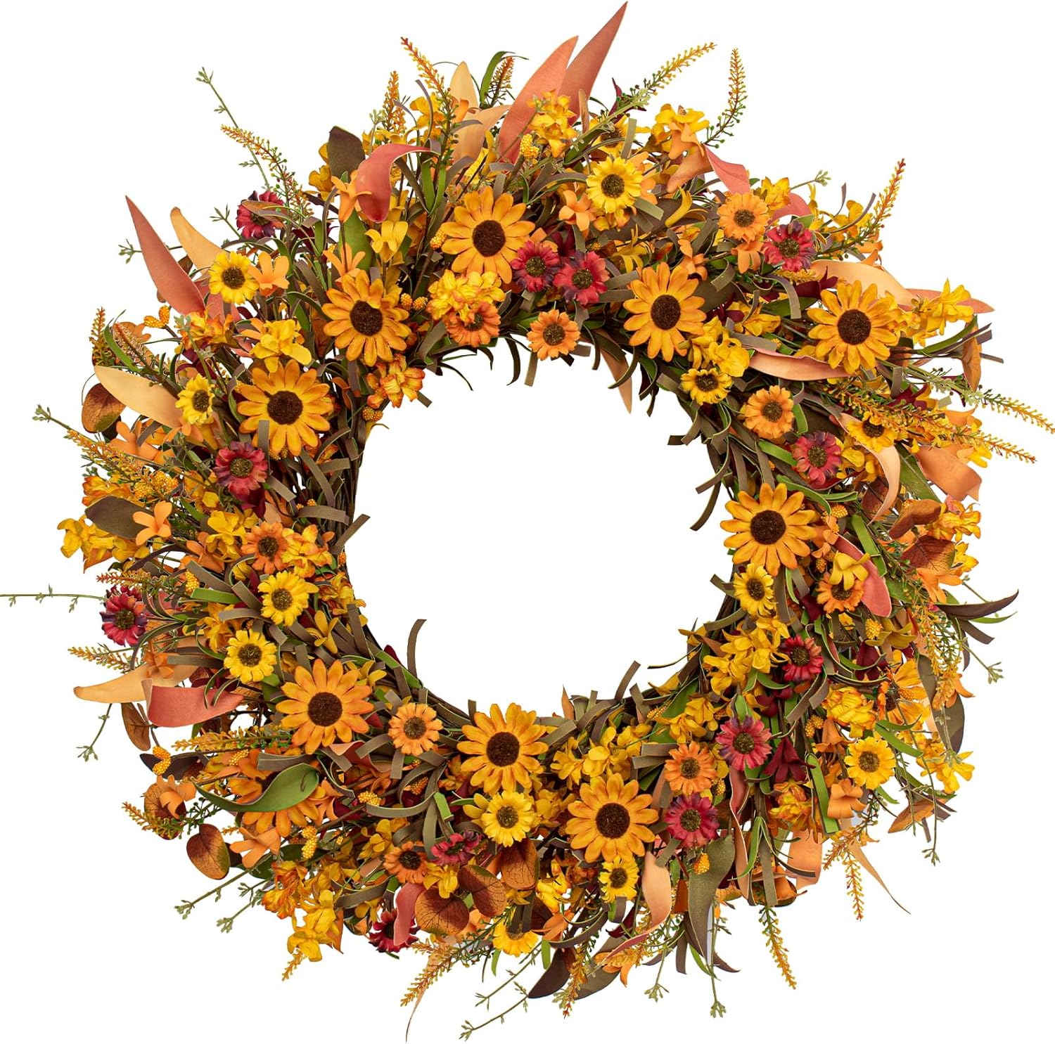 10 (1) J'FLORU Artificial Fall Wreath 22 Inch Fall Wreaths for Front Door Autumn Porch Farmhouse Thanksgiving Day Harvest Festival Handmade with Colorful Autumn Flowers Foliage for Porch Farmhouse Thanksgiving Harvest Festival