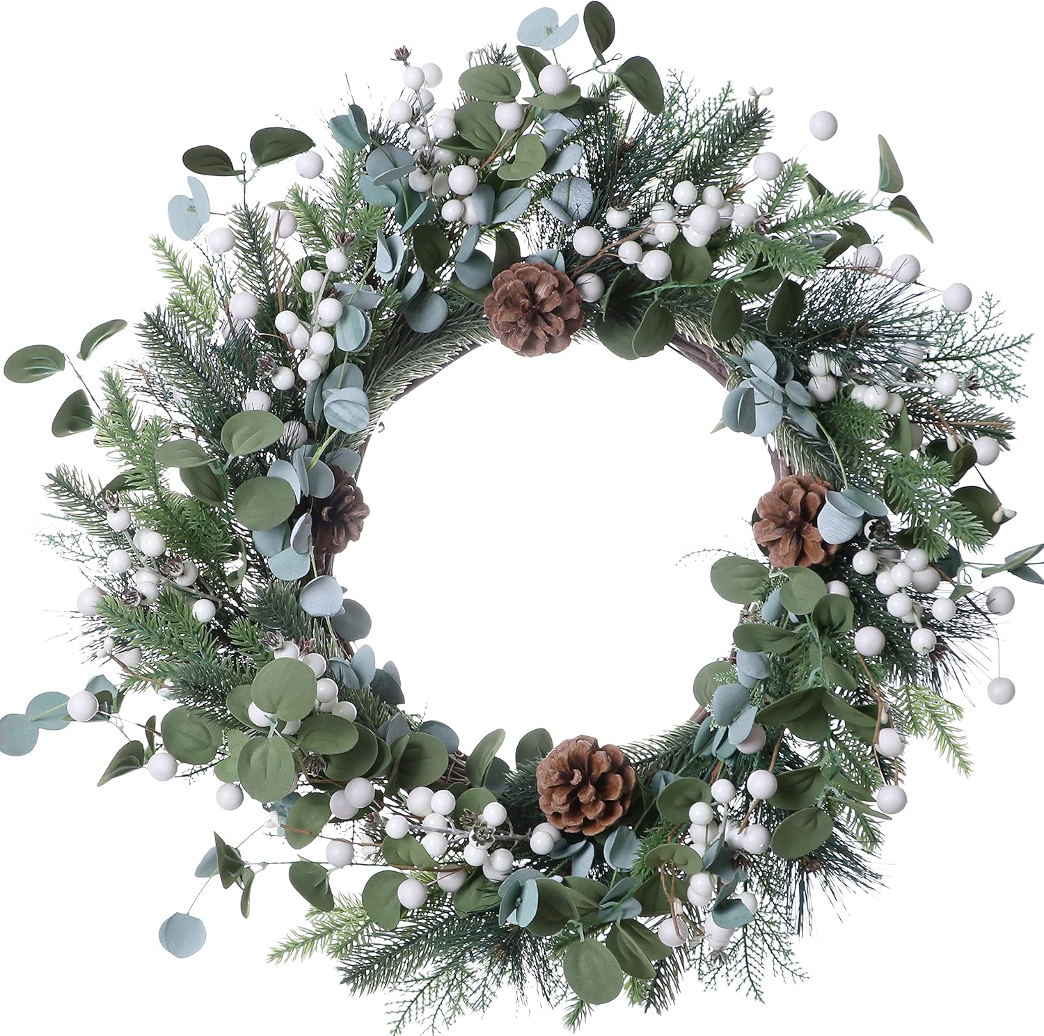 11 (1) J'FLORU Christmas Wreaths for Front Door 20 Inch Artificial Christmas Wreath White Winter Wreath with Berries Pine Cones Pine Needles for Xmas Winter Holidays