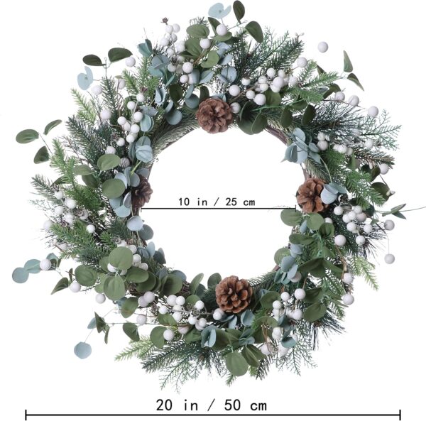 J'FLORU Christmas Wreaths for Front Door 20 Inch Artificial Christmas Wreath White Winter Wreath with Berries Pine Cones Pine Needles for Xmas Winter Holidays