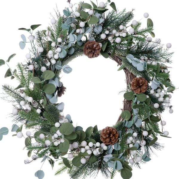 J'FLORU Christmas Wreaths for Front Door 20 Inch Artificial Christmas Wreath White Winter Wreath with Berries Pine Cones Pine Needles for Xmas Winter Holidays