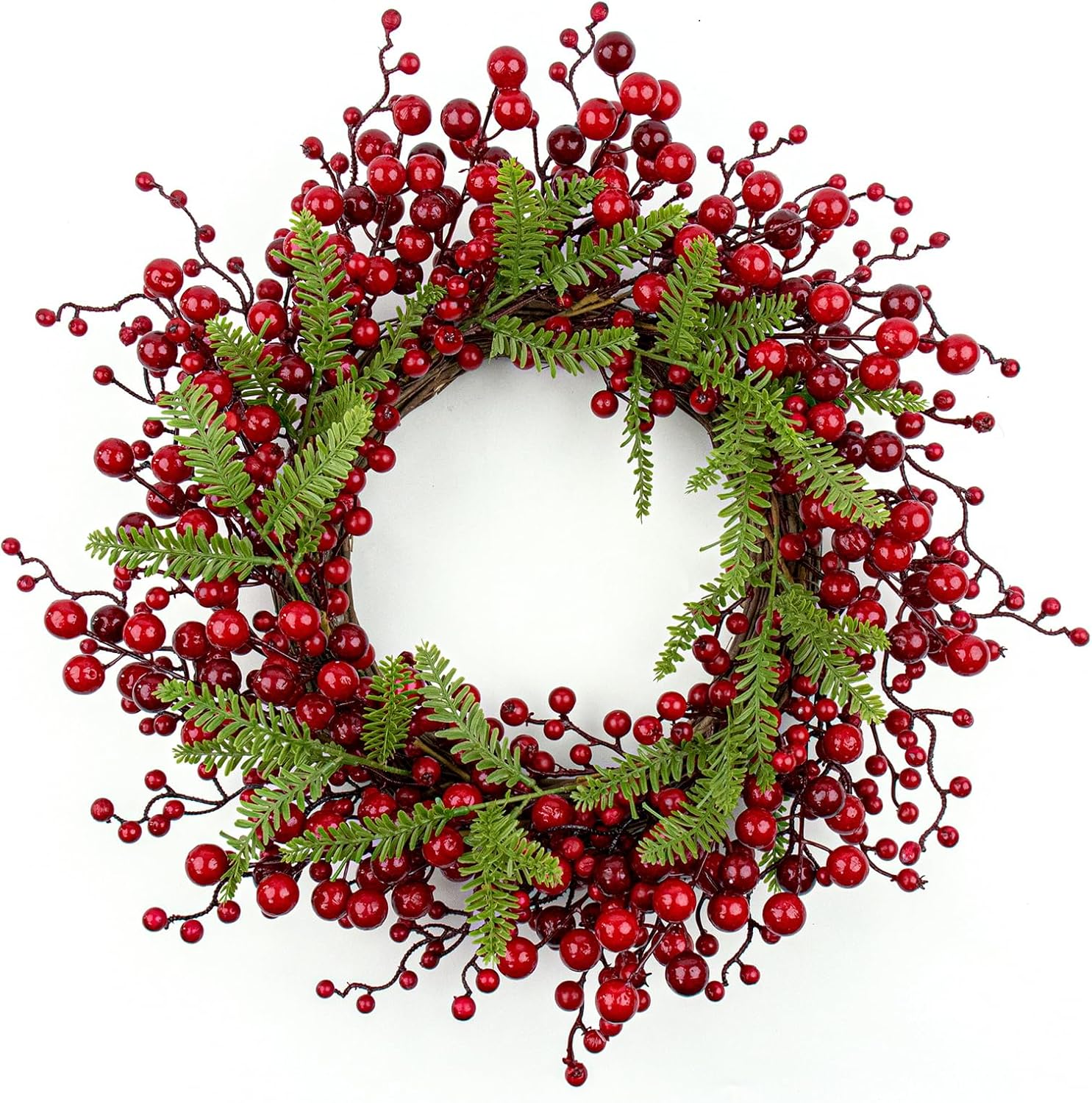 12 (1) J'FLORU Artificial Christmas Wreath 20 Inch Chirstmas Wreaths for Front Door Red Berry Wreath with Pine Needles for Porch Fireplace Xmas Winter Holidays