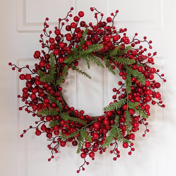 J'FLORU Artificial Christmas Wreath 20 Inch Chirstmas Wreaths for Front Door Red Berry Wreath with Pine Needles for Porch Fireplace Xmas Winter Holidays