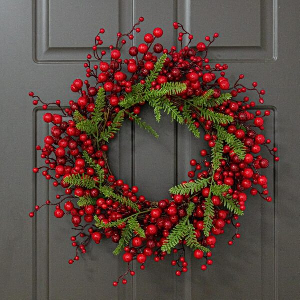 J'FLORU Artificial Christmas Wreath 20 Inch Chirstmas Wreaths for Front Door Red Berry Wreath with Pine Needles for Porch Fireplace Xmas Winter Holidays