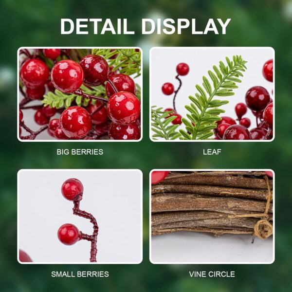 J'FLORU Artificial Christmas Wreath 20 Inch Chirstmas Wreaths for Front Door Red Berry Wreath with Pine Needles for Porch Fireplace Xmas Winter Holidays