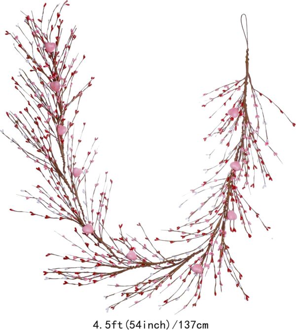 J'FLORU Valentines Day Decorations 4.5FT Artificial Valentine’s Day Garland Pink White Berry Garlands with Pink Hearts for Valentine Wedding Anniversary Party Decor