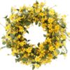 J'FLORU Artificial Spring Wreath 22 Inch Summer Wreaths for Front Door Yellow Daisy Wreath for Indoor Outdoor Home Decor and Easter Celebration