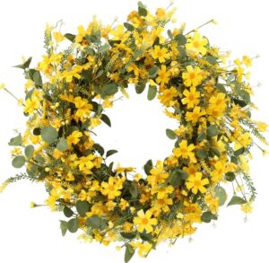 2 (1) J'FLORU Artificial Spring Wreath 22 Inch Summer Wreaths for Front Door Yellow Daisy Wreath for Indoor Outdoor Home Decor and Easter Celebration