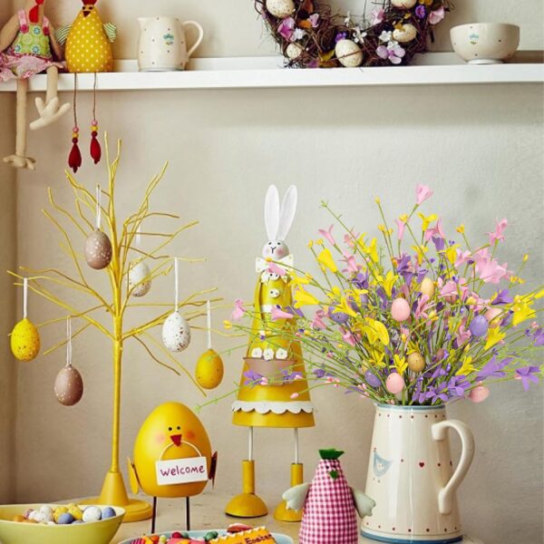 J'FLORU Easter Flower Decorations 12 Pack Easter Egg Picks Artificial Forsythia Flowers with Eggs for Floral Arrangements Table Centerpieces