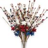 J'FLORU 12 PCS Patriotic Floral Picks 17 Inch Artificial Berry Stems Red White Blue Star Stem for Memorial Day 4th of July Independence Day Decor
