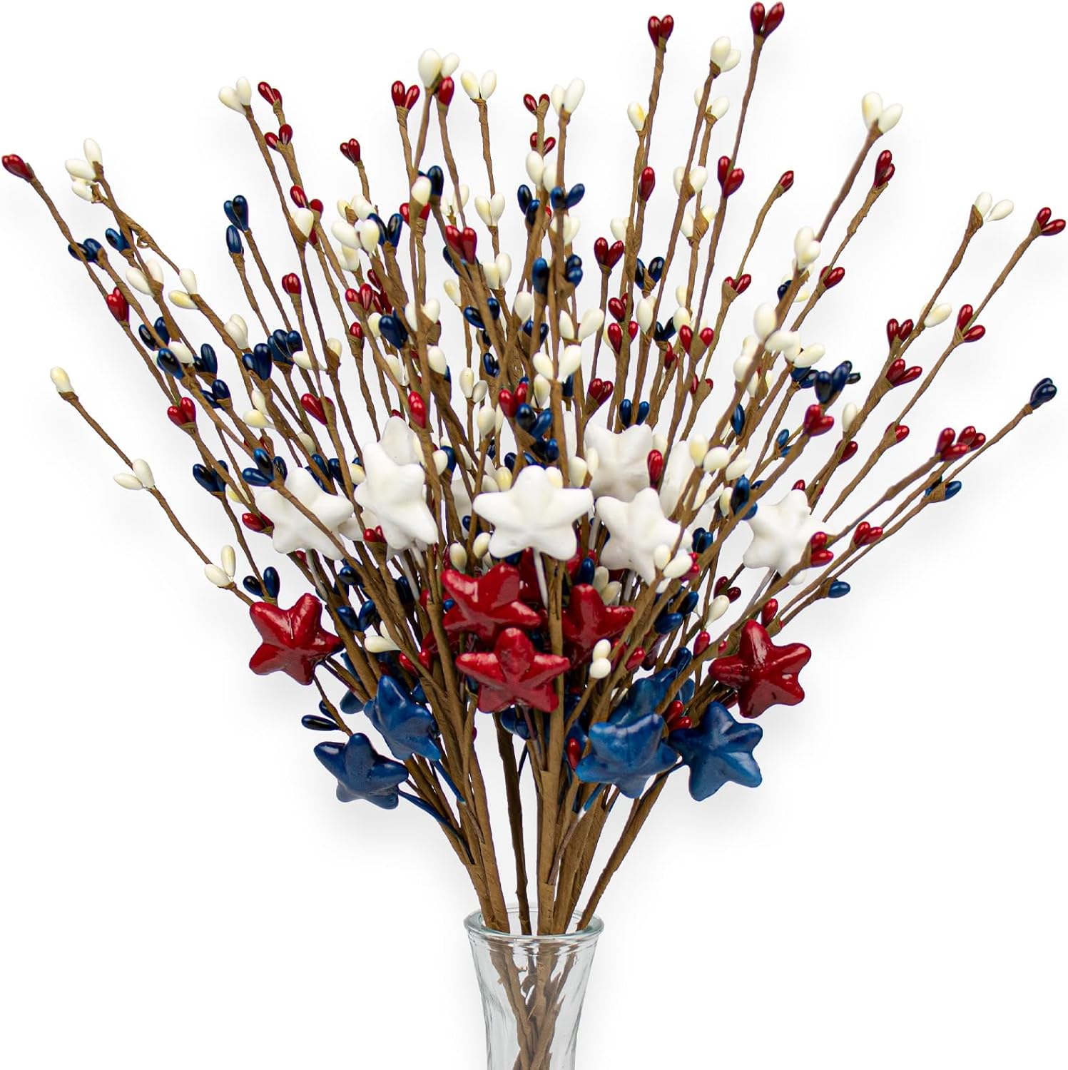 23 (1) J'FLORU 12 PCS Patriotic Floral Picks 17 Inch Artificial Berry Stems Red White Blue Star Stem for Memorial Day 4th of July Independence Day Decor