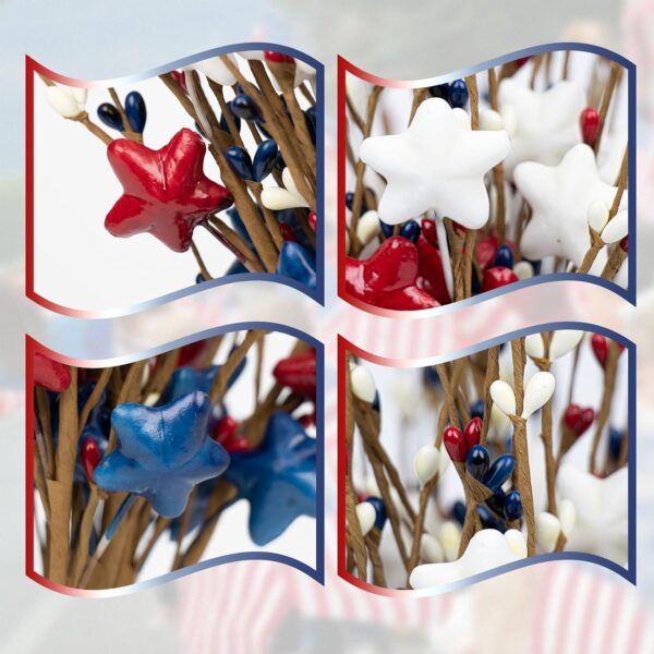 J'FLORU 12 PCS Patriotic Floral Picks 17 Inch Artificial Berry Stems Red White Blue Star Stem for Memorial Day 4th of July Independence Day Decor