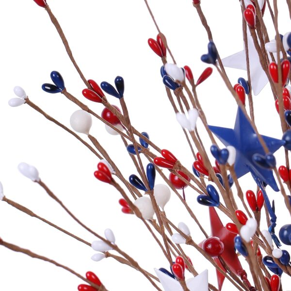 25 J’FLORU 4th of July Patriotic Tree,17 Inch Red White Blue Berry Stem Picks with Stars Patriotic Branches Decorations for Independence Day Memorial Day Flag Day Decor