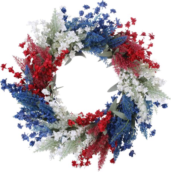 J'FLORU Patriotic Wreaths for Front Door 22 Inch,4th of July Wreaths with Red White Blue Flowers Floral Patriotic Wreath July Fourth Decorations for Memorial Day Independence Day Decor