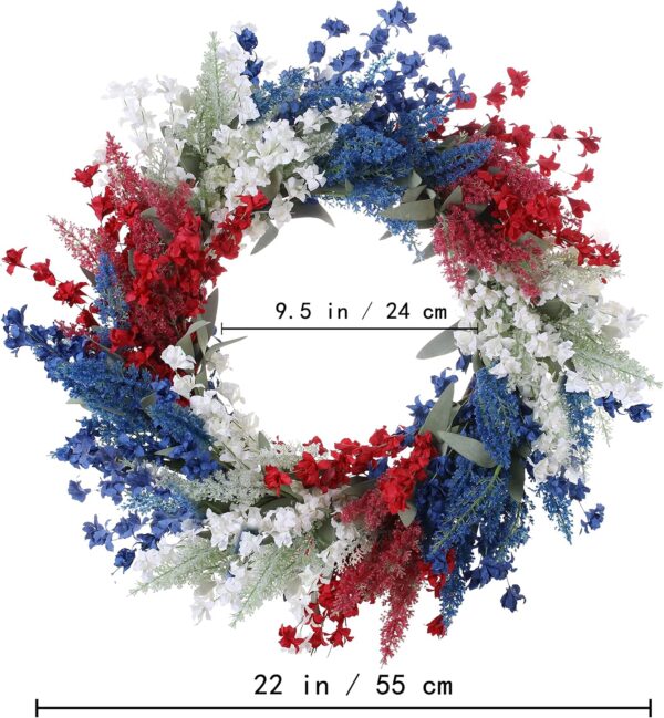 J'FLORU Patriotic Wreaths for Front Door 22 Inch,4th of July Wreaths with Red White Blue Flowers Floral Patriotic Wreath July Fourth Decorations for Memorial Day Independence Day Decor