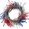 J'FLORU Patriotic Wreaths for Front Door 22 Inch,4th of July Wreaths with Red White Blue Flowers Floral Patriotic Wreath July Fourth Decorations for Memorial Day Independence Day Decor