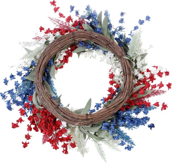 J'FLORU Patriotic Wreaths for Front Door 22 Inch,4th of July Wreaths with Red White Blue Flowers Floral Patriotic Wreath July Fourth Decorations for Memorial Day Independence Day Decor