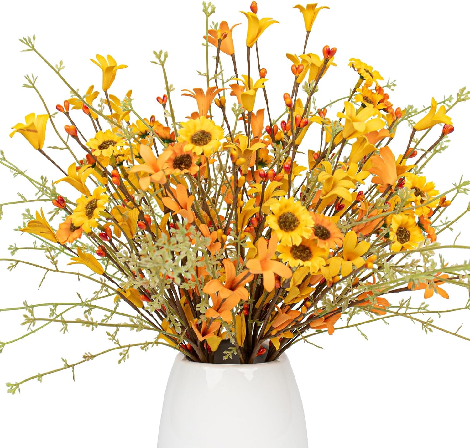 30 (1) J'FLORU Fall Flower Decorations 12 Pack Autumn Floral Picks Artificial Forsythia Flowers with Orange Daisies for Floral Arrangements Harvest Festival Thanksgiving Day Decor