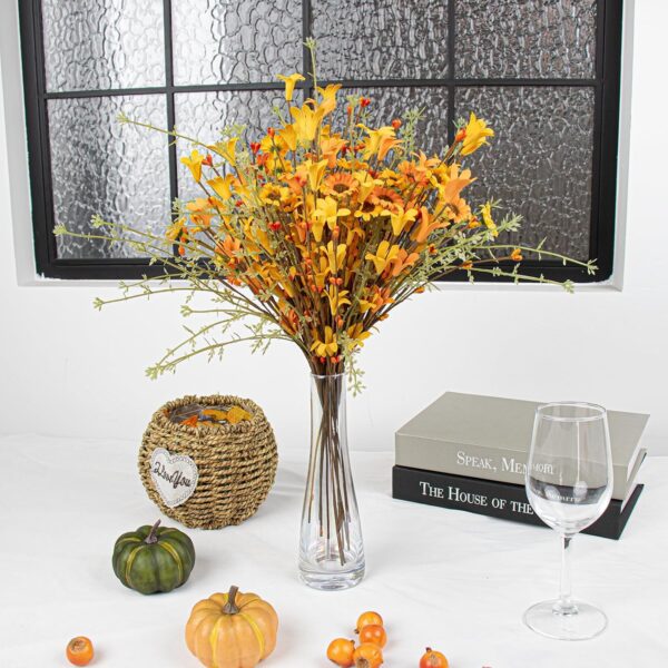 30 (3) J'FLORU Fall Flower Decorations 12 Pack Autumn Floral Picks Artificial Forsythia Flowers with Orange Daisies for Floral Arrangements Harvest Festival Thanksgiving Day Decor