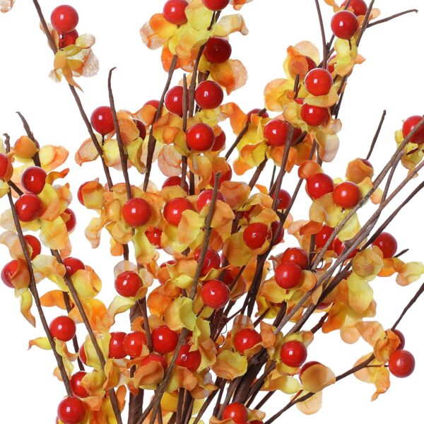 43 J’FLORU 6 Pack Fall Picks,17” Tall Fall Berry Stems Autumn Orange Spray with Red Berries for Fall Home Decor and Thanksgiving Day Harvest Festival Celebration (Orange Leaves and Red Berries)