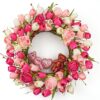 J'FLORU Valentines Day Decorations Romantic Valentines Day Gifts 22 Inch Valentine's Day Wreath with Lovely Bear Heart Roses Tulips for Valentine Party Anniversary Candlelight Dinner