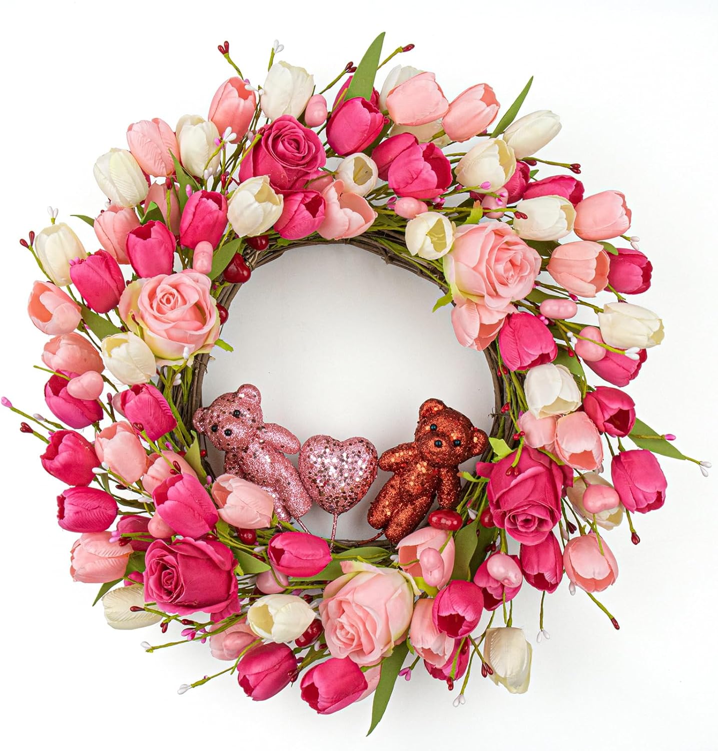 5 (1) J'FLORU Valentines Day Decorations Romantic Valentines Day Gifts 22 Inch Valentine's Day Wreath with Lovely Bear Heart Roses Tulips for Valentine Party Anniversary Candlelight Dinner