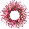 J'FLORU 22 Inch Valentines Day Wreath Pink Valentine's Day Wreaths for Front Door Tulip Wreath with Red Hearts and Berries for Valentine Wedding Anniversary Candlelight Dinner