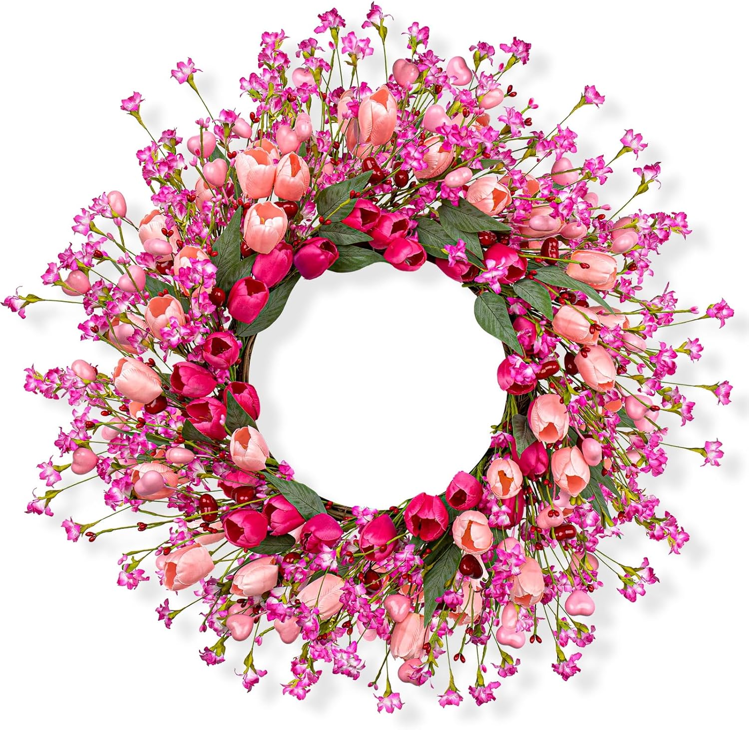 6 (1) J'FLORU 22 Inch Valentines Day Wreath Pink Valentine's Day Wreaths for Front Door Tulip Wreath with Red Hearts and Berries for Valentine Wedding Anniversary Candlelight Dinner