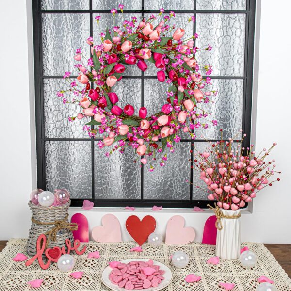 J'FLORU 22 Inch Valentines Day Wreath Pink Valentine's Day Wreaths for Front Door Tulip Wreath with Red Hearts and Berries for Valentine Wedding Anniversary Candlelight Dinner