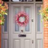 J'FLORU 22 Inch Valentines Day Wreath Pink Valentine's Day Wreaths for Front Door Tulip Wreath with Red Hearts and Berries for Valentine Wedding Anniversary Candlelight Dinner