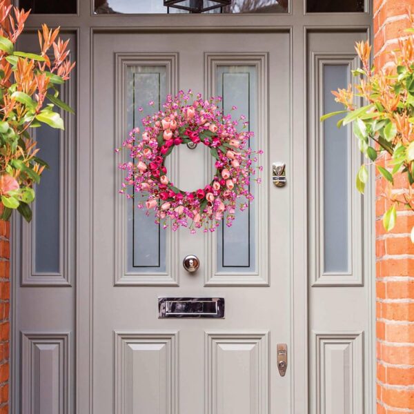 J'FLORU 22 Inch Valentines Day Wreath Pink Valentine's Day Wreaths for Front Door Tulip Wreath with Red Hearts and Berries for Valentine Wedding Anniversary Candlelight Dinner