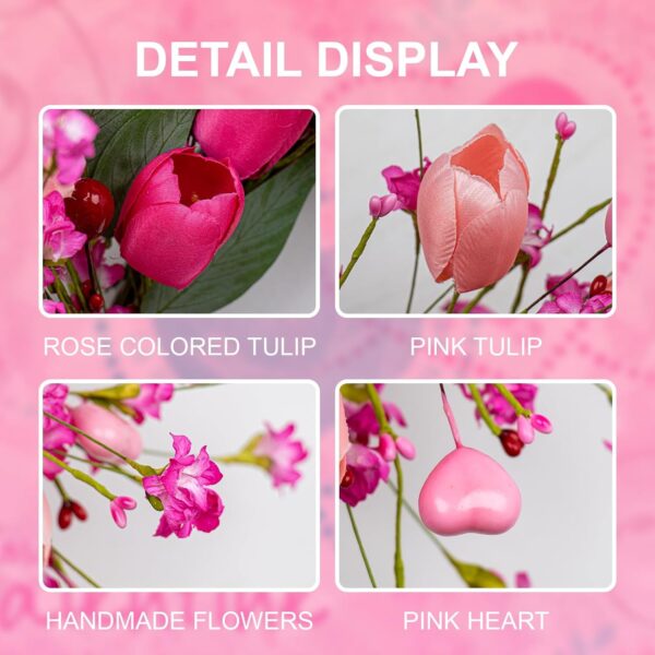 J'FLORU 22 Inch Valentines Day Wreath Pink Valentine's Day Wreaths for Front Door Tulip Wreath with Red Hearts and Berries for Valentine Wedding Anniversary Candlelight Dinner