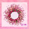 J'FLORU 22 Inch Valentines Day Wreath Pink Valentine's Day Wreaths for Front Door Tulip Wreath with Red Hearts and Berries for Valentine Wedding Anniversary Candlelight Dinner