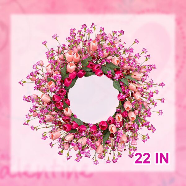 J'FLORU 22 Inch Valentines Day Wreath Pink Valentine's Day Wreaths for Front Door Tulip Wreath with Red Hearts and Berries for Valentine Wedding Anniversary Candlelight Dinner