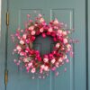 J'FLORU 22 Inch Valentines Day Wreath Pink Valentine's Day Wreaths for Front Door Tulip Wreath with Red Hearts and Berries for Valentine Wedding Anniversary Candlelight Dinner