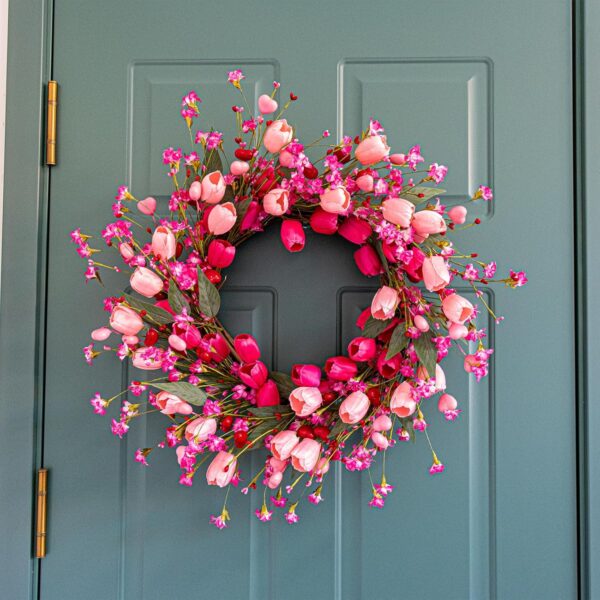 J'FLORU 22 Inch Valentines Day Wreath Pink Valentine's Day Wreaths for Front Door Tulip Wreath with Red Hearts and Berries for Valentine Wedding Anniversary Candlelight Dinner