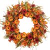 J'FLORU Artificial Fall Wreath 22 Inch Autumn Wreaths for Front Door Orange Daisy Wreath with Wildflowers Berries for Indoor Outdoor Wall Farmhouse Thanksgiving Day Harvest Festival Celebration