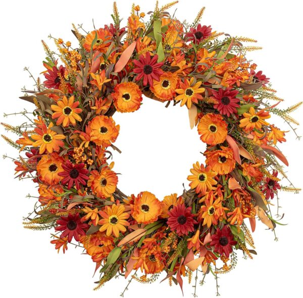 J'FLORU Artificial Fall Wreath 22 Inch Autumn Wreaths for Front Door Orange Daisy Wreath with Wildflowers Berries for Indoor Outdoor Wall Farmhouse Thanksgiving Day Harvest Festival Celebration