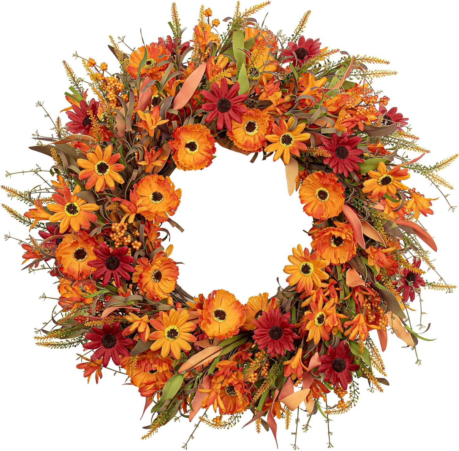 8 (1) J'FLORU Artificial Fall Wreath 22 Inch Autumn Wreaths for Front Door Orange Daisy Wreath with Wildflowers Berries for Indoor Outdoor Wall Farmhouse Thanksgiving Day Harvest Festival Celebration