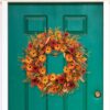 J'FLORU Artificial Fall Wreath 22 Inch Autumn Wreaths for Front Door Orange Daisy Wreath with Wildflowers Berries for Indoor Outdoor Wall Farmhouse Thanksgiving Day Harvest Festival Celebration