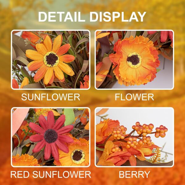 J'FLORU Artificial Fall Wreath 22 Inch Autumn Wreaths for Front Door Orange Daisy Wreath with Wildflowers Berries for Indoor Outdoor Wall Farmhouse Thanksgiving Day Harvest Festival Celebration