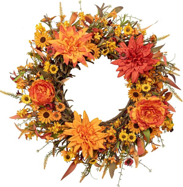 J'FLORU 22 Inch Artificial Fall Wreath Autumn Wreaths for Front Door Thanksgiving Wreath with Peony Dahlia Daisy Flowers for Thanksgiving Day Harvest Festival Wall Porch Indoor Outdoor