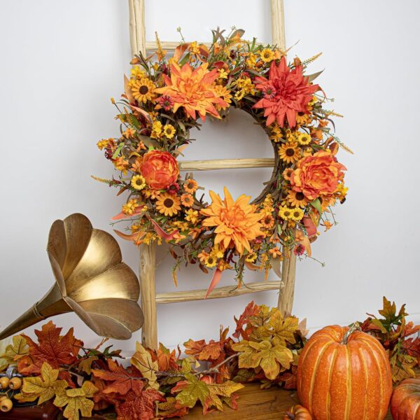 J'FLORU 22 Inch Artificial Fall Wreath Autumn Wreaths for Front Door Thanksgiving Wreath with Peony Dahlia Daisy Flowers for Thanksgiving Day Harvest Festival Wall Porch Indoor Outdoor
