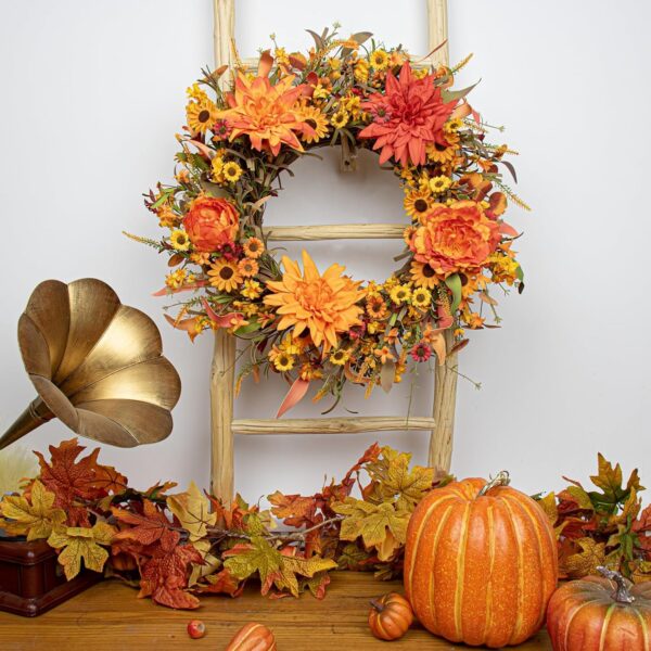 J'FLORU 22 Inch Artificial Fall Wreath Autumn Wreaths for Front Door Thanksgiving Wreath with Peony Dahlia Daisy Flowers for Thanksgiving Day Harvest Festival Wall Porch Indoor Outdoor