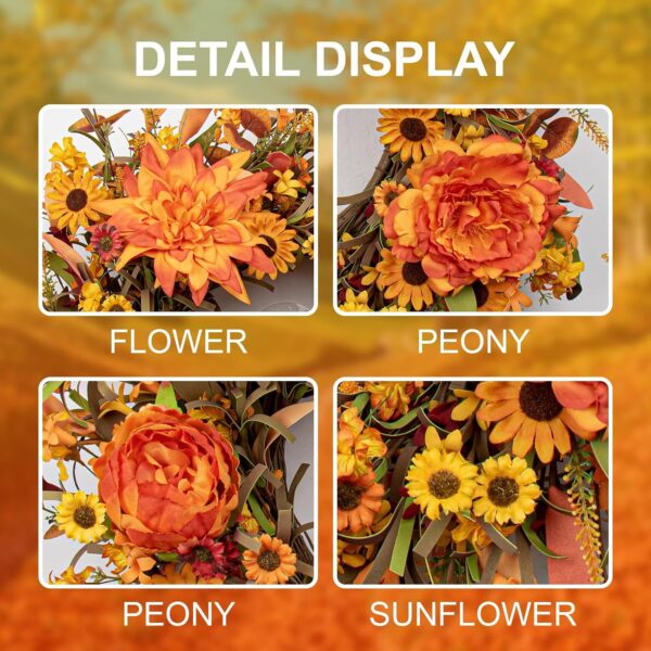 J'FLORU 22 Inch Artificial Fall Wreath Autumn Wreaths for Front Door Thanksgiving Wreath with Peony Dahlia Daisy Flowers for Thanksgiving Day Harvest Festival Wall Porch Indoor Outdoor