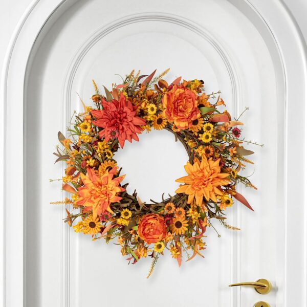 J'FLORU 22 Inch Artificial Fall Wreath Autumn Wreaths for Front Door Thanksgiving Wreath with Peony Dahlia Daisy Flowers for Thanksgiving Day Harvest Festival Wall Porch Indoor Outdoor